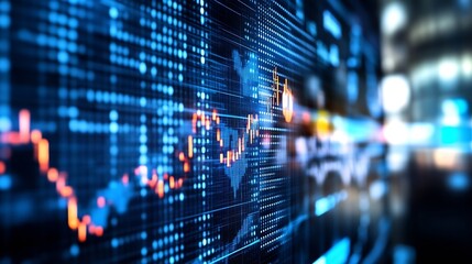 Fototapete - Abstract digital data visualization showing global network connections and financial market trends with glowing blue and orange elements on a dark background. : Generative AI