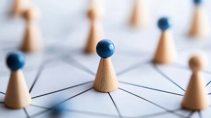Aufkleber - Abstract network visualization with wooden cones and blue spheres, representing connections and communication in a business or social context.  The image uses a shallow depth of field  : Generative AI