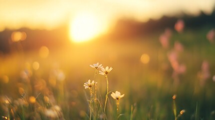 Aufkleber - Three delicate white wildflowers stand tall in a sun-drenched meadow, bathed in the warm golden light of a vibrant sunset, creating a serene and peaceful scene. : Generative AI