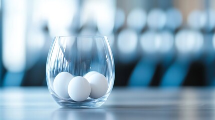 Poster - Three white spheres rest inside a clear glass vase, sitting on a reflective surface against a blurred teal background. : Generative AI