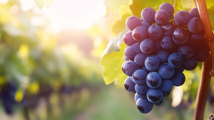 Aufkleber - A cluster of ripe, dark-purple grapes hangs from a vine, bathed in the warm glow of sunlight, with a blurred vineyard background. : Generative AI