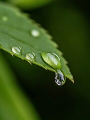 Poster - Close-up of a dewdrop clinging to a vibrant green leaf, about to fall, showcasing the intricate details of nature's water droplet. : Generative AI