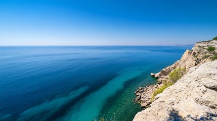 Poster - Stunning aerial view of a dramatic coastline, where turquoise waters meet sheer, light-colored cliffs under a vibrant blue sky. The tranquil scene evokes serenity and natural beauty. : Generative AI