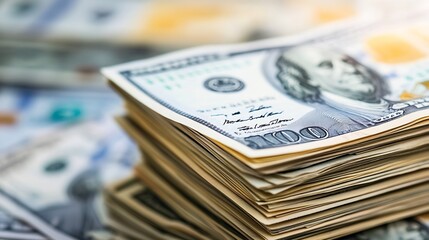 Fototapete - Close-up view of a large stack of one hundred dollar bills, showcasing the intricate details of the currency and the texture of the paper.  The background is blurred, suggesting a larg : Generative AI