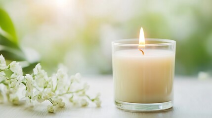 Leinwandbilder - A lit cream-colored candle in a glass jar sits on a white surface, next to a sprig of delicate white flowers, creating a serene and peaceful atmosphere. : Generative AI