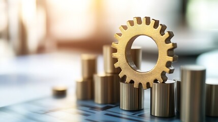 Poster - Golden gear mechanism atop metallic cylinders, symbolizing growth and progress in business or industry.  A close-up shot with a blurred background. : Generative AI