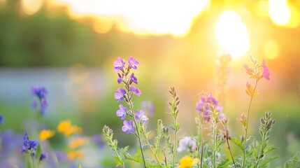 Fototapete - Vibrant purple wildflowers bathed in the golden light of a sunset, creating a serene and peaceful nature scene. : Generative AI