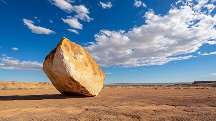 Aufkleber - Massive sandstone boulder rests on desert plain under a vibrant blue sky with fluffy white clouds, creating a dramatic landscape scene. : Generative AI