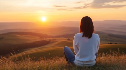 Fototapete - Woman sits on grassy hilltop, watching sunset over rolling hills and valleys, peaceful golden hour scene. : Generative AI