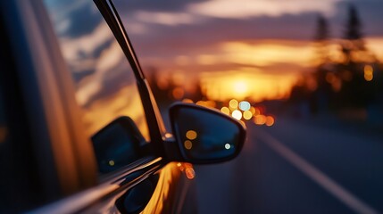 Poster - Close-up view of a car's side mirror reflecting a vibrant sunset and blurred city lights, creating a warm and atmospheric scene. : Generative AI
