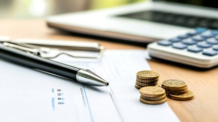 Poster - Close-up of a pen resting on a check next to stacks of coins and a calculator, suggesting financial planning or accounting. : Generative AI
