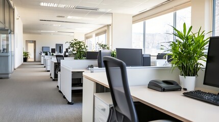 Poster - Modern, bright office interior with white desks, computers, and plants, showcasing a contemporary workspace design. : Generative AI