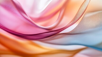 Fototapete - Abstract image of flowing pastel fabric, showcasing soft pink, orange, and blue hues in a dynamic, wavy pattern.  The sheer material creates a delicate, ethereal texture. : Generative AI