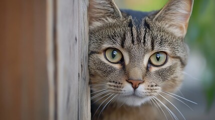 Aufkleber - Close-up portrait of a curious tabby cat peeking from behind a wooden fence, its green eyes wide and alert, showcasing its beautiful fur pattern and delicate whiskers. : Generative AI