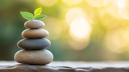 Poster - Serene Stack of Stones with a Sprout, a Symbol of Growth and Tranquility in a Soft, Sunlit Natural Setting. : Generative AI