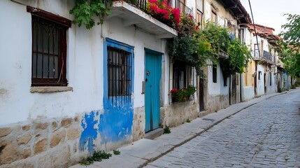 Aufkleber - A picturesque cobblestone street in a historic European village, featuring charming whitewashed houses with blue doors and windows, adorned with vibrant flower boxes and climbing plant : Generative AI
