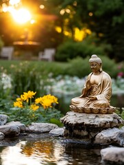 Poster - Serene golden buddha statue meditates peacefully by a tranquil waterfall, nestled amongst vibrant yellow flowers and lush greenery at sunset. : Generative AI
