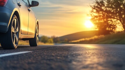 Poster - Grey car parked on asphalt road at sunset, sun shining brightly behind tree, scenic countryside view. : Generative AI