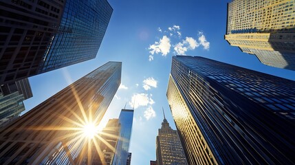 Leinwandbilder - Low angle view of skyscrapers in a city, sunlight reflecting off glass buildings, creating a radiant effect against a vibrant blue sky with fluffy clouds. : Generative AI