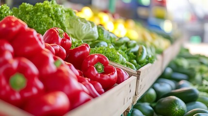 Poster - Close-up view of vibrant red bell peppers displayed in wooden crates at a farmer's market, alongside fresh green lettuce and other vegetables. : Generative AI