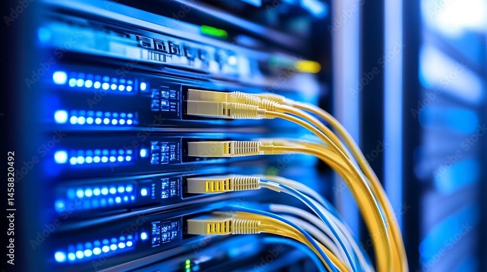 Close-up view of fiber optic cables connected to a server rack ...