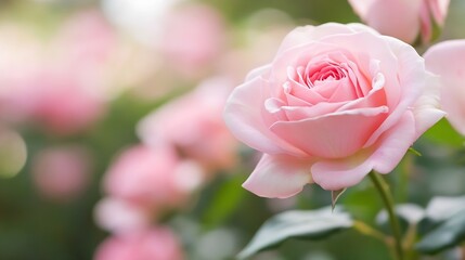 Aufkleber - Close-up of a delicate pink rose, petals softly unfurling, showcasing its gentle beauty against a blurred garden backdrop of lush green foliage and other roses. : Generative AI
