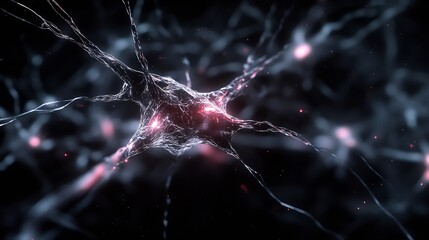 Poster - Microscopic view of a neuron cell, intricate network of dendrites and axons, glowing pink synapses, dark background, digital illustration. : Generative AI