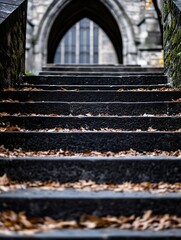 Fototapete - Stone staircase leading to a gothic church archway, autumn leaves scattered on the steps, creating a serene and atmospheric scene. : Generative AI