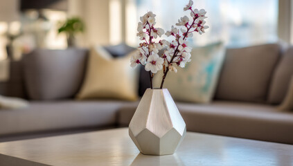 Poster - Delicate apricot blossoms in a geometric silver vase, adorning a modern living room coffee table, creating a serene and stylish home decor scene.