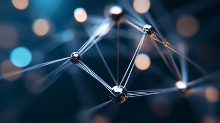 Fototapete - Abstract 3D rendering of a metallic network structure, showcasing interconnected spheres and glowing lines against a dark blue bokeh background.  The image evokes themes of connection, : Generative AI