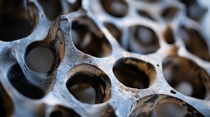 Leinwandbilder - Close-up view of a weathered, porous stone structure with numerous interconnected circular holes, exhibiting a complex network of gray and brown textures. : Generative AI