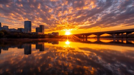 Poster - Stunning sunrise over a city skyline reflected in calm water, with a bridge silhouetted against the fiery orange and purple sky.  The sun's rays pierce through the clouds, creating a d : Generative AI