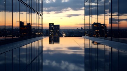 Leinwandbilder - Reflective cityscape at sunset, viewed from a modern rooftop infinity pool, showcasing the city's skyline and illuminated buildings. : Generative AI