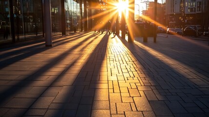 Poster - Sunset shadows stretch across a city sidewalk, illuminating the warm tones of paving stones as pedestrians walk past modern glass buildings. : Generative AI
