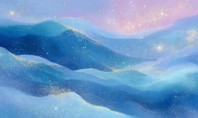 Wall Mural - watercolor illustration of waves of the sea, with blue and pink colors, glittering gold accents, in 