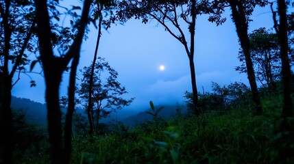 Aufkleber - Serene moonlit night in a lush forest, viewed through the silhouettes of trees, creating a mystical and tranquil atmosphere. : Generative AI