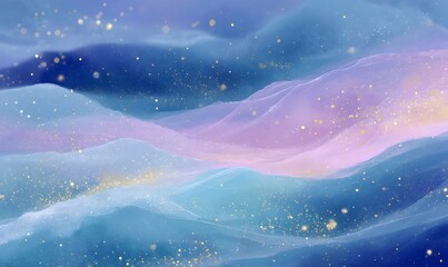 Wall Mural - watercolor illustration of waves of the sea, with blue and pink colors, glittering gold accents, in 