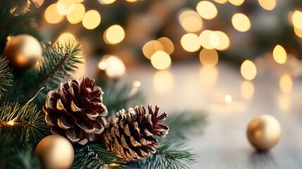Aufkleber - Close-up of two gold-dusted pine cones nestled amongst evergreen branches and golden christmas baubles, bokeh lights in background. : Generative AI
