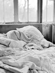 Aufkleber - A person sleeps soundly under crumpled, white sheets and pillows, near a weathered window overlooking a blurred, outdoor scene. The grayscale image evokes a sense of quiet rest and sol : Generative AI