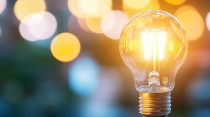 Poster - Close-up of a glowing lightbulb against a bokeh background of warm and cool colors, symbolizing ideas, innovation, and inspiration. : Generative AI