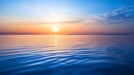 Fototapete - Serene sunset over calm ocean waters, with a distant island silhouette and a vibrant orange and blue sky, creating a peaceful and tranquil scene. : Generative AI