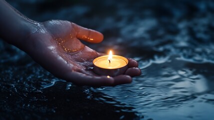 Fototapete - A hand gently cradles a flickering candle flame, its warm light contrasting against the cool, dark water reflecting the night sky. : Generative AI