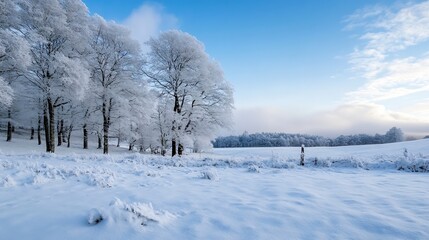 Poster - Snowy landscape with frost-covered trees under a clear blue winter sky, showcasing a serene and peaceful atmosphere. : Generative AI
