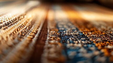 Poster - Close-up view of textured fabric with gold, brown, and blue hues, showing intricate weaving details and a shallow depth of field. : Generative AI