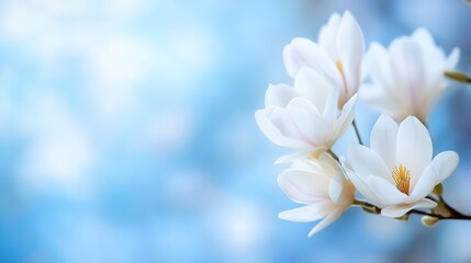 Poster - Close-up of delicate white magnolia blossoms against a soft blue, blurred background, showcasing their elegant petals and subtle yellow stamens. : Generative AI