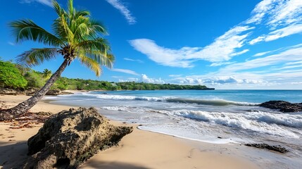 Poster - Scenic tropical beach scene with a leaning palm tree, turquoise ocean waves gently lapping the sandy shore, and a rocky outcrop near the water's edge under a vibrant blue sky. : Generative AI