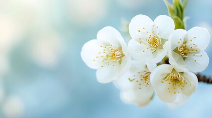 Poster - Close-up of delicate white cherry blossoms, showcasing their intricate details against a soft blue, blurred background.  The image evokes feelings of springtime and serenity. : Generative AI