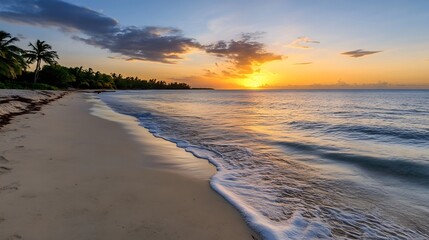Poster - Serene sunset over a tropical beach with palm trees, gentle waves lapping the shore, and a vibrant orange sky.  The tranquil scene evokes feelings of peace and relaxation. : Generative AI