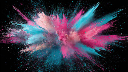Aufkleber - Vibrant explosion of pink, teal, and peach powder against a stark black background, creating a dynamic and energetic visual effect. Ideal for design projects needing a bold, colorful statement.