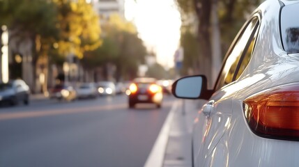 Poster - Close-up view of a white sedan's rear, parked on a city street at sunset, with blurred traffic and golden hour light reflecting on the car's body. : Generative AI